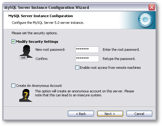 Enter a root password, and then click Next >