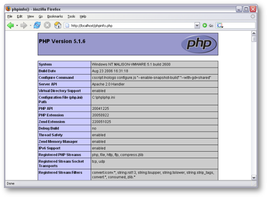 phpinfo page